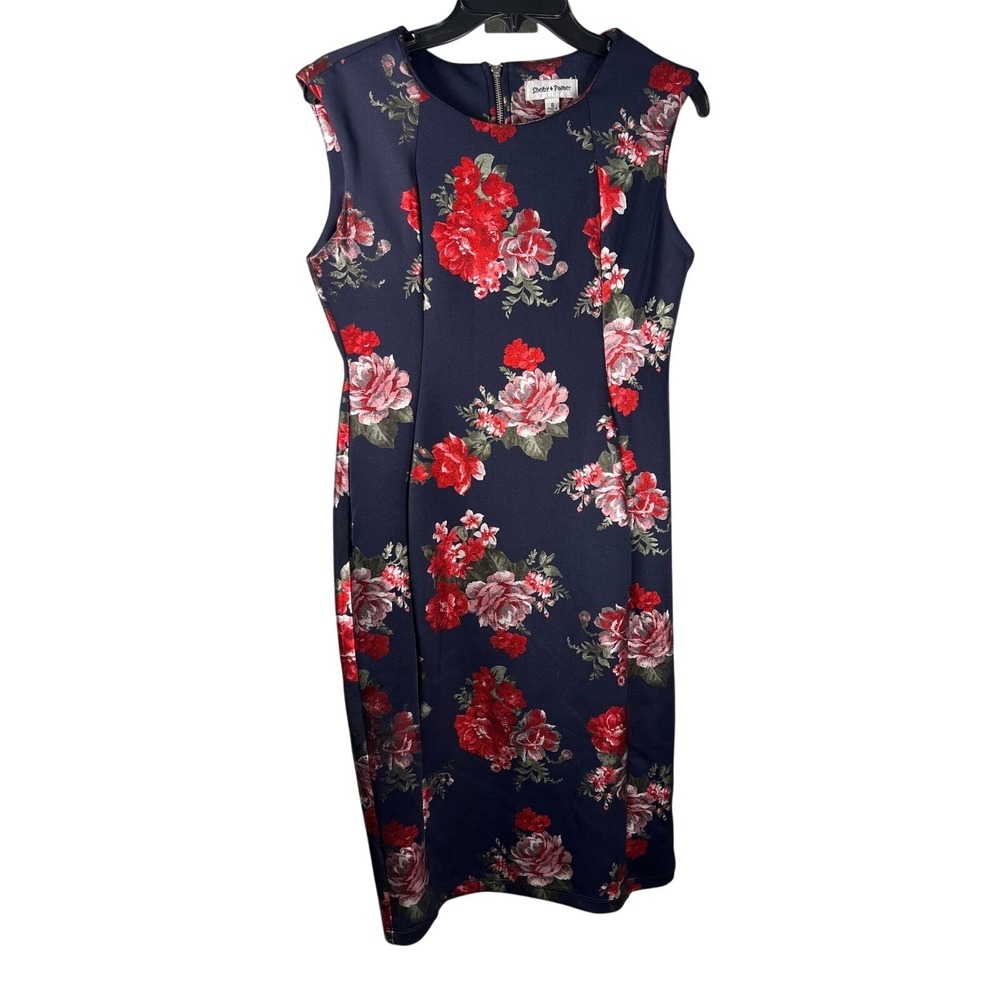 Shelby & Palmer Navy Floral Sheath Dress Size 8 Sleeveless Knee Length